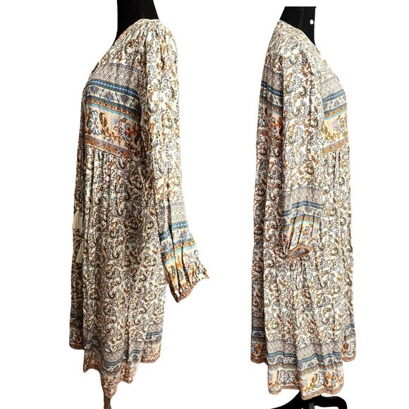 R VIVIMOS  Long Sleeve Boho Midi Dress Floral V Neck Cottage Prairie - Picture 3 of 9